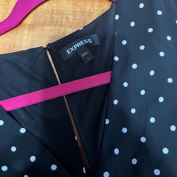 Express Mini Dress Size 4 Navy & White Polka Dot Flutter Sleeve Flare Swing - Picture 3 of 3